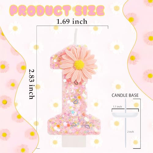 Pink Daisy Flower Number 1 Birthday Candle with Tray - Glitter Cake Topper