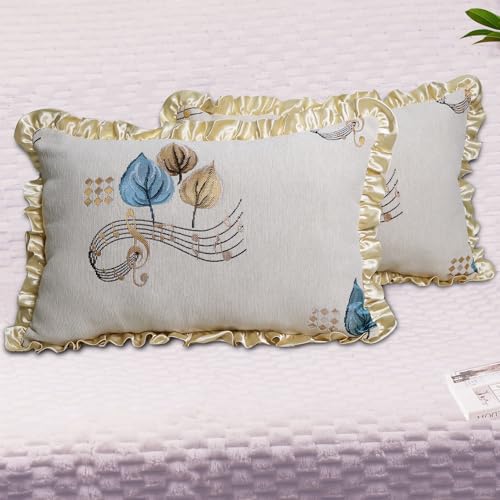 Chenille Ruffle Throw Pillow Covers 12x20, Set of 2 - Beige