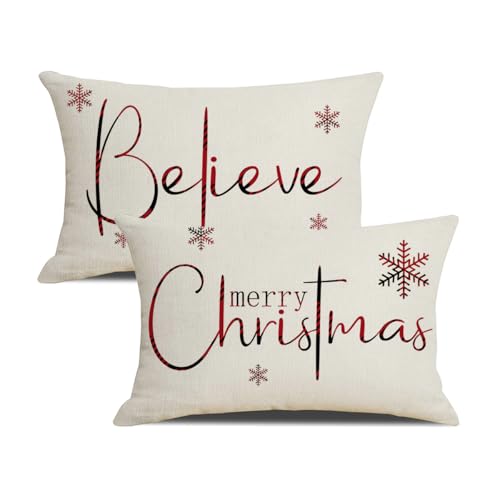 Merry Christmas Pillow Covers - Set of 2, 12x20 Inch Decorative Cushion Cases