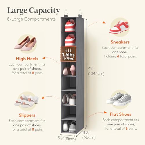 Lifewit 8-Section Hanging Shoe Organizer - Space-Saving Gray Storage