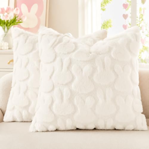 Cream White Faux Fur Bunny Throw Pillow Covers - Set of 2, 18x18