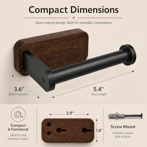 Wall-Mounted Wood and Matte Black Toilet Paper Holder for Bathroom