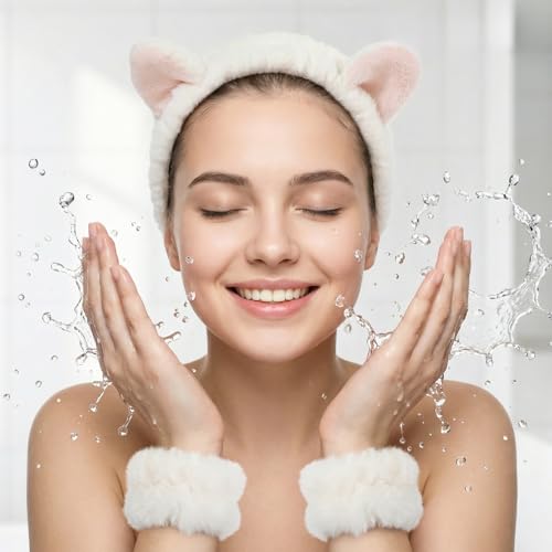 Cat Ear Spa Headband and Wristband Set for Washing Face and Skincare