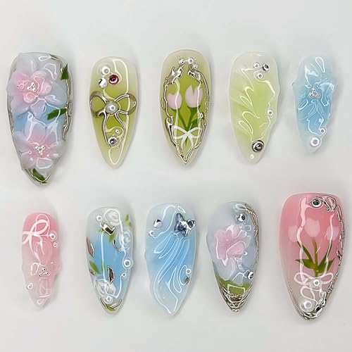 Spring Floral Press On Nails Medium Almond Butterfly Rhinestones
