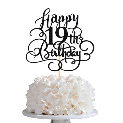 Black Glitter 19th Birthday Cake Topper - Cheers to 19 Years Party Decor