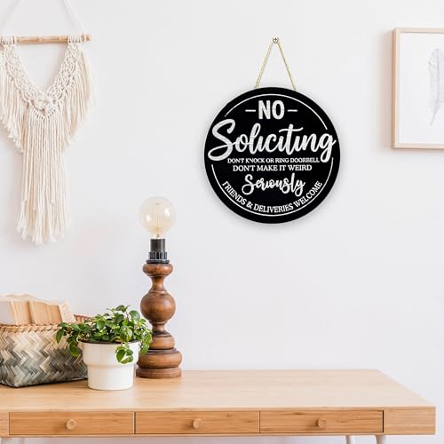 No Soliciting Door Sign - 10-Inch Round Rustic Wood Hanging Sign