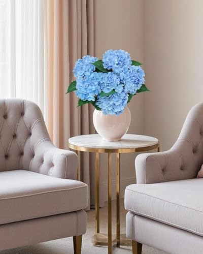 Blue Hydrangea Artificial Flowers Bouquets - 6pcs Silk Faux Floral Stems for Home & Wedding Decor