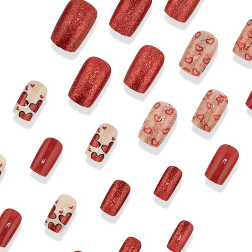 Valentine Square Press on Nails Red Glitter Heart Acrylic Fake Nails