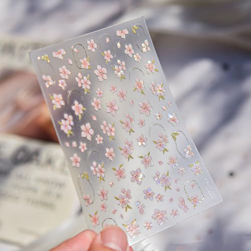 BUNLVDI 5D Embossed Pink Flower Nail Stickers Self-Adhesive Floral Decals