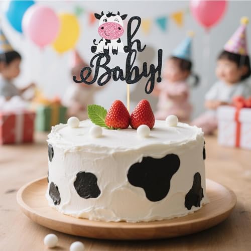 Cow Theme 'Oh Baby!' Cake Topper - Black Glitter Baby Shower Decoration