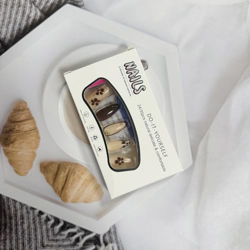 Brown French Tip Press on Nails Medium Almond False Nails with Flower Designs