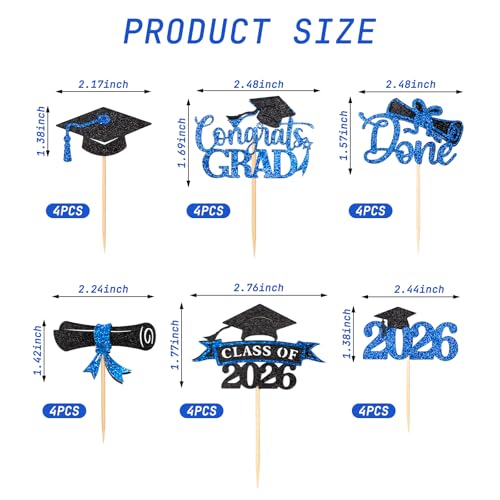 Class of 2026 Blue Glitter Graduation Cupcake Toppers 24 PCS