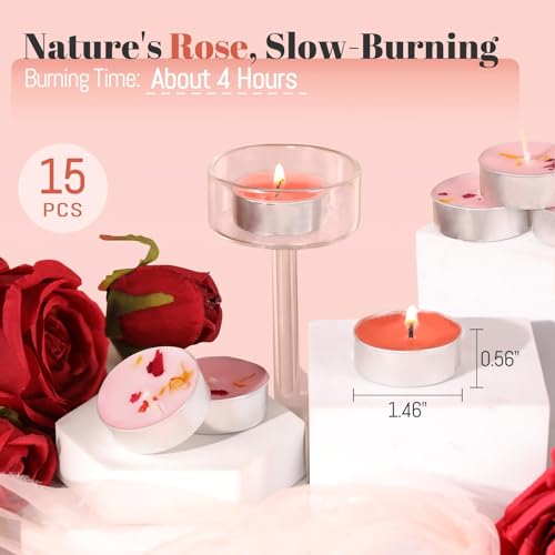 HAVITI Rose Scented Tealight Candles - 15 Pack, 4-Hour Smokeless Palm Wax