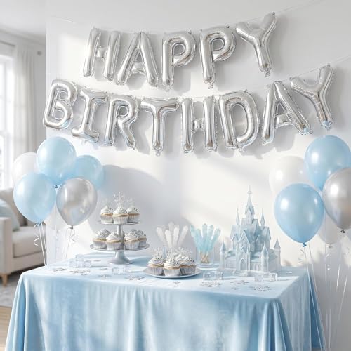 CARGEN 16-Inch Happy Birthday Balloons Banner - Silver Mylar Decor