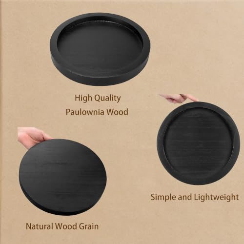 11-Inch Round Decorative Wood Tray - Matte Black Farmhouse Coffee Table Decor