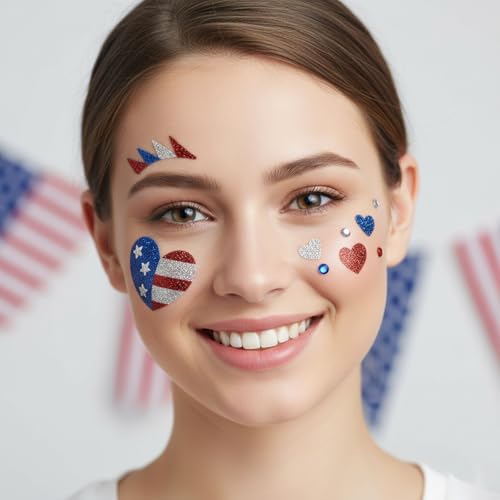 4th of July Face Stickers - USA Patriotic Makeup Decals (4 Sheets)
