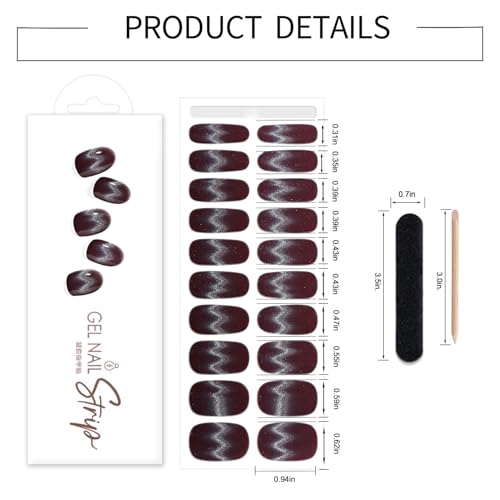 WOKOTO Burgundy Cat-Eye Semi-Cured Gel Nail Strips UV Wraps 20 Pcs