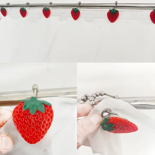 Rustproof Strawberry Shower Curtain Hooks Set of 12 - Cute Kids Bathroom Decor