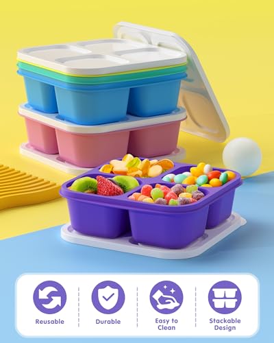 Canfanni White Lids 5 Pack Bento Snack Containers with 4 Compartments - BPA-Free Food Storage for Lunch & Travel