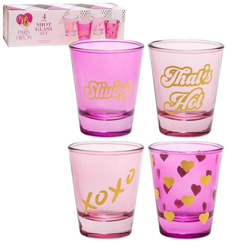 Paris Hilton 4-Piece Shot Glass Set - 2 oz Fun Decals in Pink