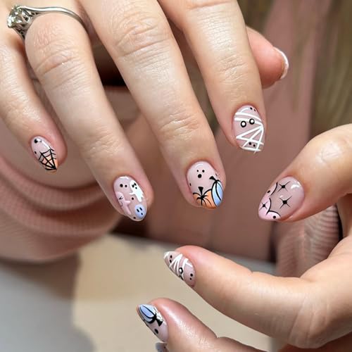 Onsdag Short Oval Halloween Press on Nails - Day of the Dead Acrylic False Nails