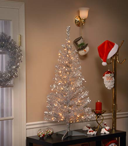 4ft Silver Tinsel Pre-Lit Christmas Tree - Artificial Holiday Tree with Lights