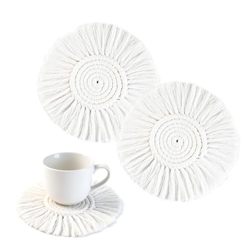 Handmade Boho Cotton Macrame Coasters with Tassels - 2 Pack