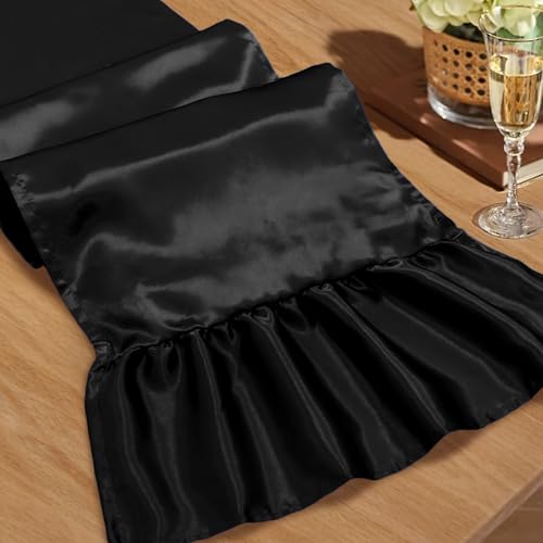 Black Satin Table Runner 2 Pack, 12x108 Inch Ruffle Design