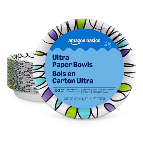 Amazon Basics 20 Oz Disposable Paper Bowls - 50 Count, Microwave Safe & Sturdy