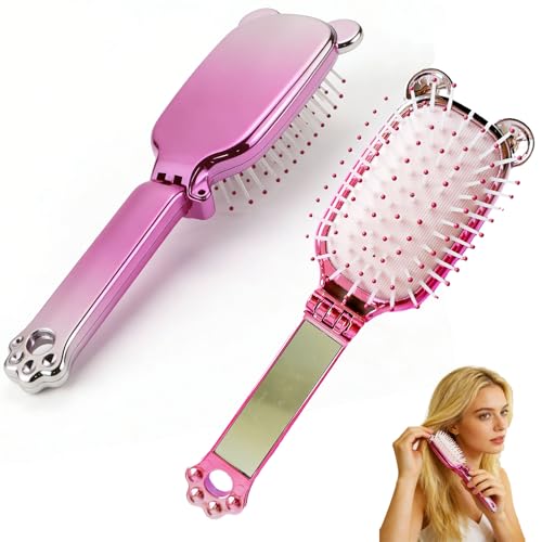 Tinsparkwin Folding Travel Hair Brush with Mirror Mini Detangling Comb
