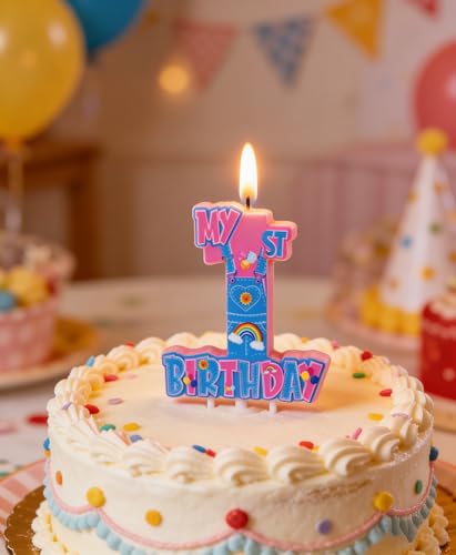 Number 1 Rainbow Birthday Candle - Cute Pink 1st Birthday Cake Topper