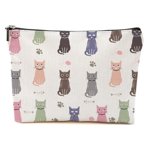 Cat Makeup Bag Linen Travel Cosmetic Pouch for Women and Cat Lovers