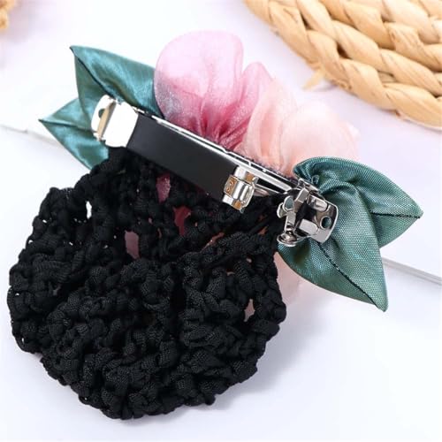Floral Hair Bun Net with Organza Flowers & Black Crochet Mesh