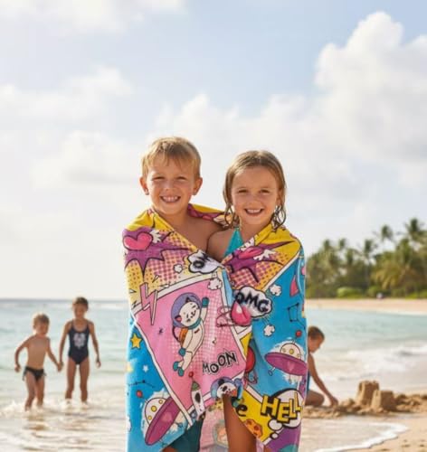 YIFONTIN Kids Beach Towel, Space Travel Print, 100% Cotton Velour, 51"x25.5"