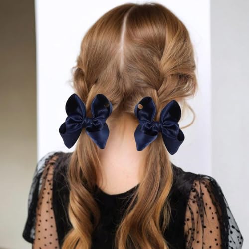 OAOLEER 3.5 Inch Navy Satin Ribbon Hair Bows with Alligator Clips 2PCS