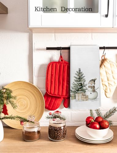 Snowman Christmas Kitchen Towels - Rustic Snowy Tree Hand Towels, Holiday Dish Cloths, 16x24 Inch - Color-01