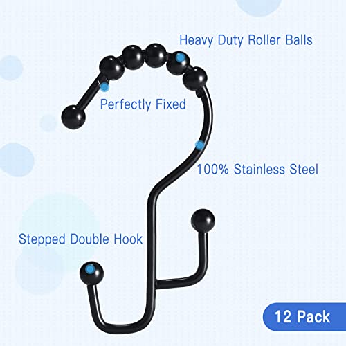 SUTINE Black Shower Curtain Hooks - 12 Rust Proof Stainless Steel Rings
