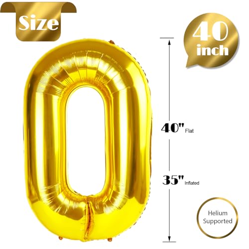 Gold 0 Balloon - 40 Inch Giant Number Balloon for Birthdays