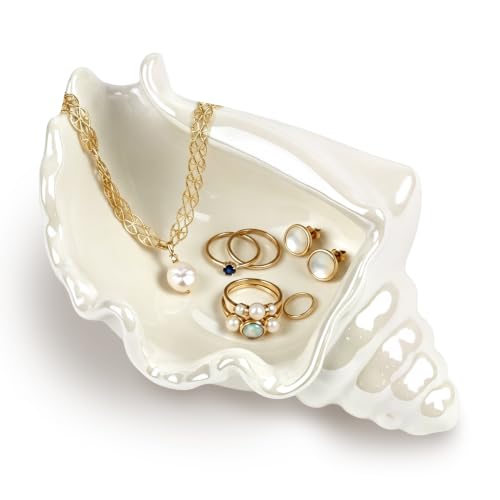 PUDDING CABIN White Conch Shell Jewelry Dish - Coastal Beach Vanity Ring Holder - Conch-White