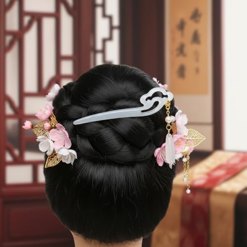 Chinese Acetate Jade Hair Stick with Tassel Flower Pendant for Updos