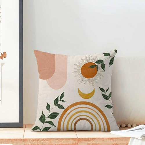 Mid Century Abstract Pillow Covers 18x18 (Set of 2) - Boho Orange & Green Leaf Design