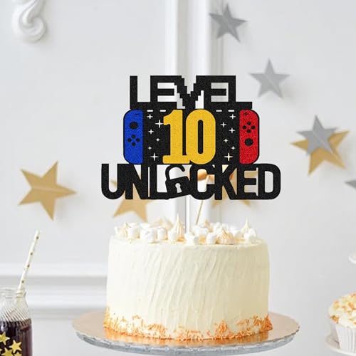 Level 10 Unlocked Cake Topper Black Glitter Video Gamer Birthday Party