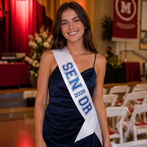 2026 Senior Sash - White Satin with Blue Glitter Letters