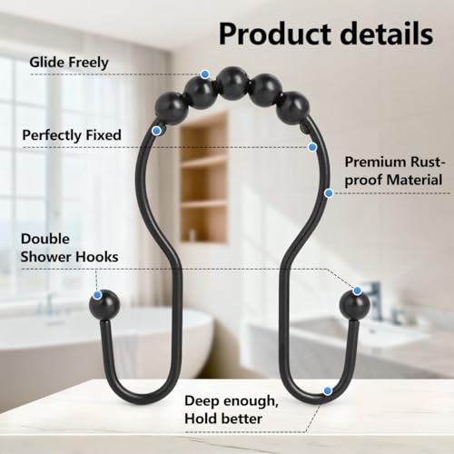 Resze 12PCS Black Shower Curtain Hooks - Rust Proof & Smooth Glide
