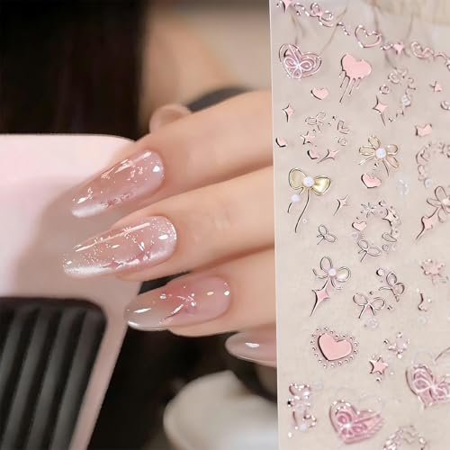 5D Embossed Valentine Nail Stickers Rose Gold Heart Bow Decals