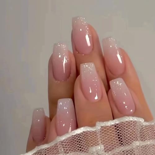 Hrnsnails Coffin Press On Nails Medium Long Ombre Glitter Acrylic Fake Nails