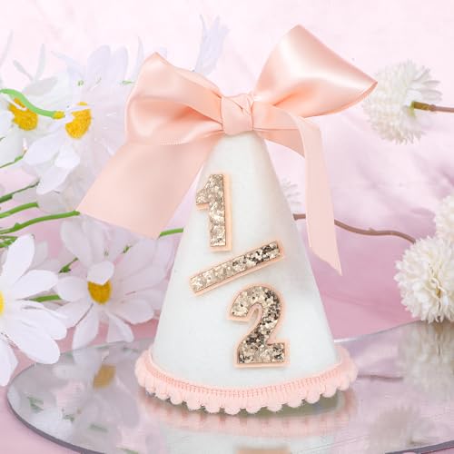 Pink Half Birthday Hat with Satin Bow - Glitter Cone Party Hat