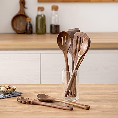 Gudamaye 12-Inch Black Walnut Wooden Cooking Spoons - 6-Piece Long Handle Utensil Set