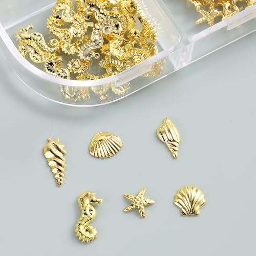 3D Gold Beach Nail Charms - Alloy Starfish & Seashell Ocean Art