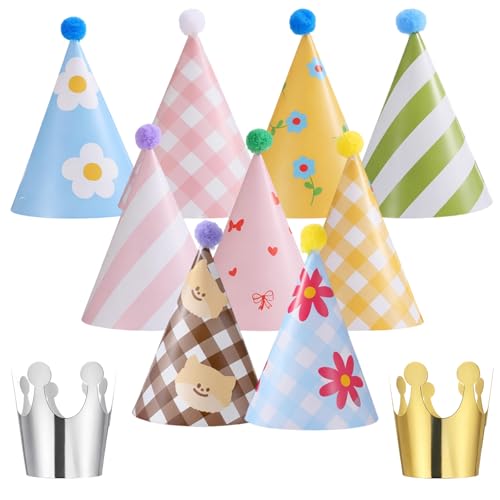 11 Pcs Colorful Cone Party Hats with Pom Poms for Birthdays